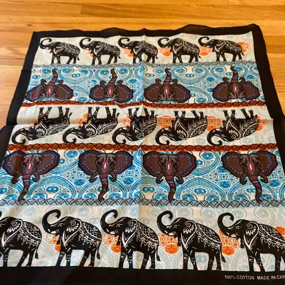 Vtg Deadstock Bandana 100% Cotton RN 52469 Elephant 21.5" Blue Orange Black - Picture 3 of 4